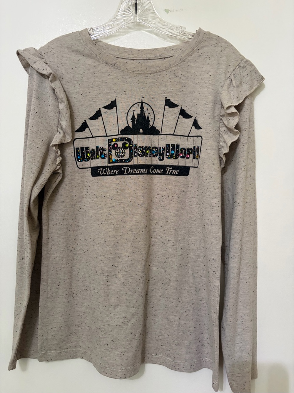 Walt Disney World women’s Long Sleeve Ruffle Tee - Lt Heather Gray Rhinestone